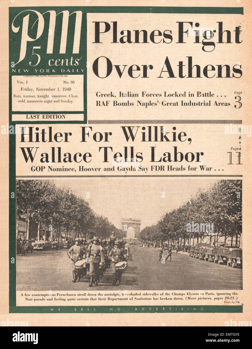 1940-Titelseite PM (New York) Luft Schlachten über Athen deutsche Soldaten auf den Champs-Elysees marschieren Stockfoto