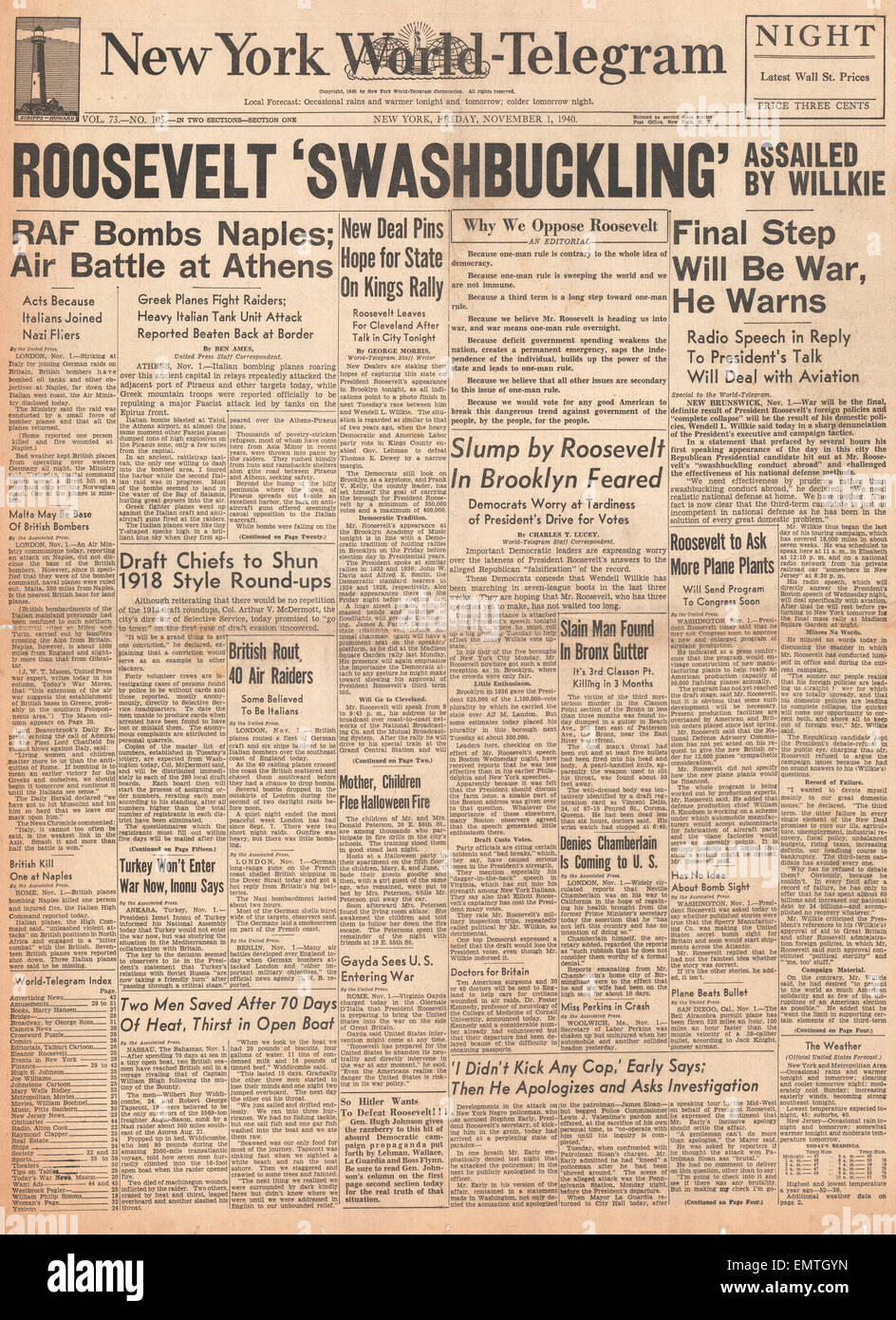 1940-Titelseite New York World-Telegram Kräfteverschiebungen Kandidat Wendell Wilkie schlägt Präsident Roosevelts Außenpolitik Stockfoto