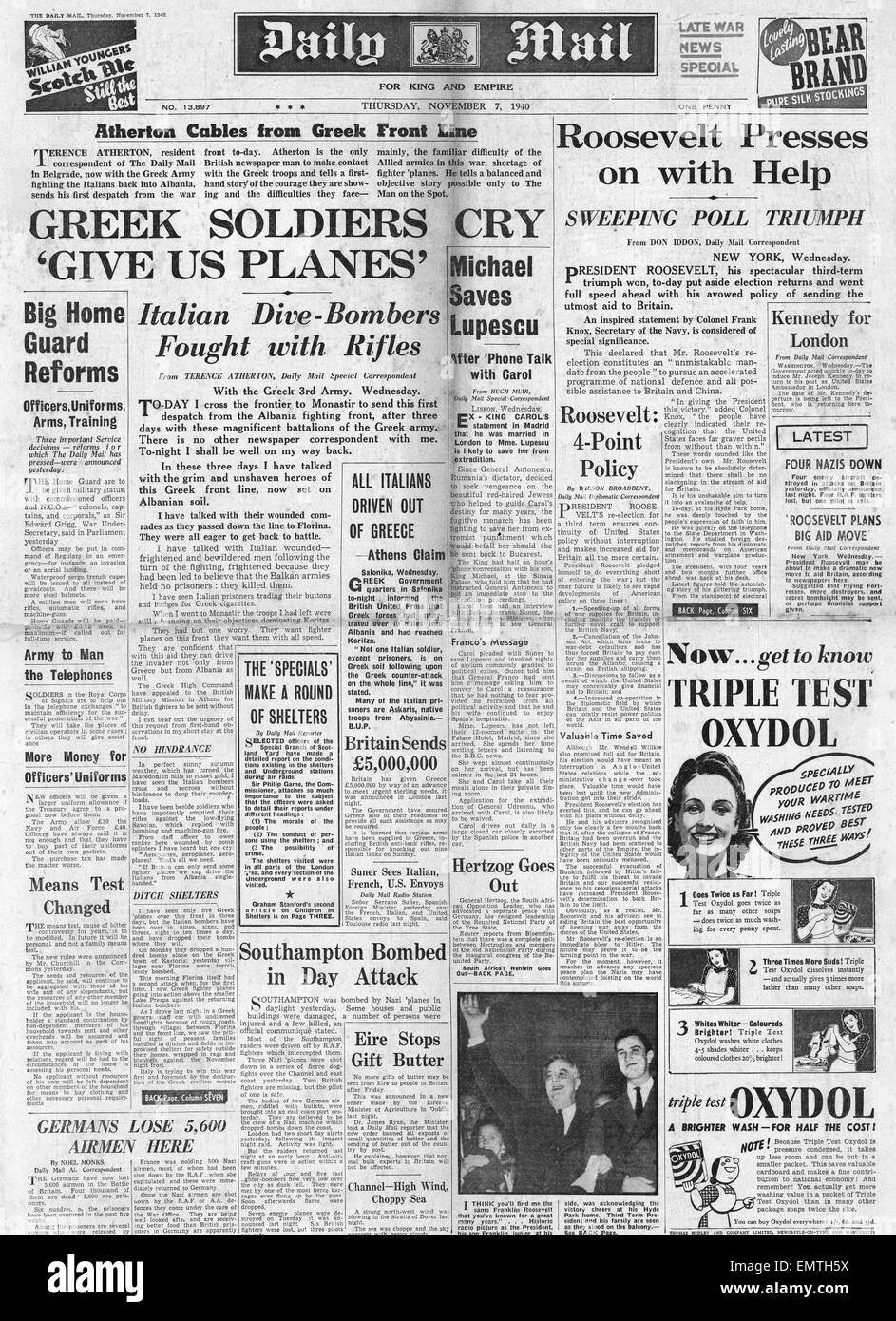 1940-Front Seite Daily Mail griechischen Soldaten zu Fragen, für Flugzeuge Stockfoto