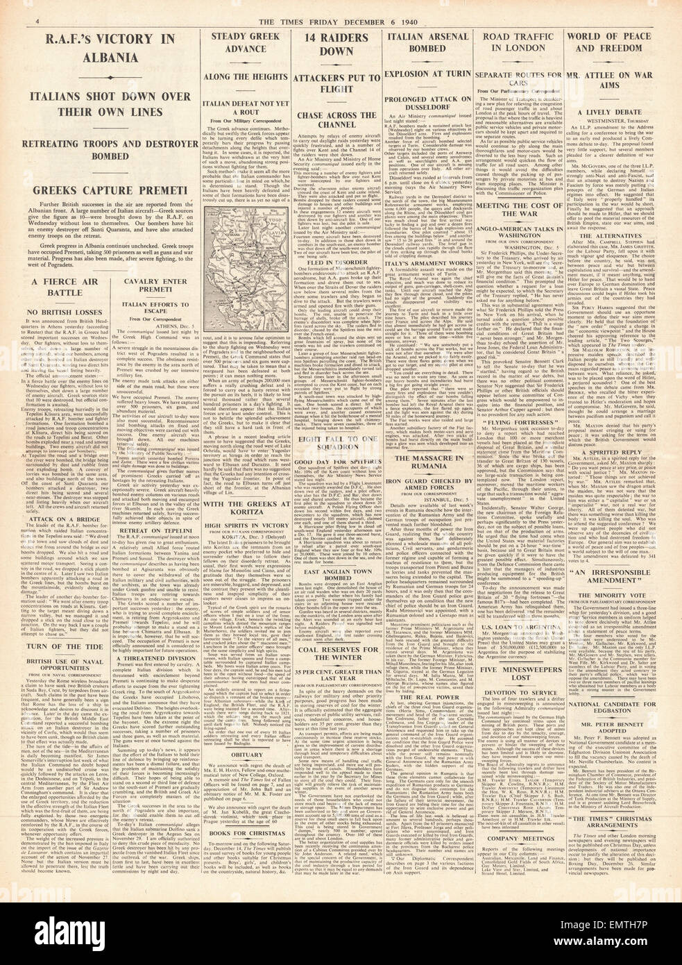 1940 Seite 4 The Times RAF Luftangriffe auf italienische Truppen in Albanien Küste Razzien gegen Großbritannien Stockfoto