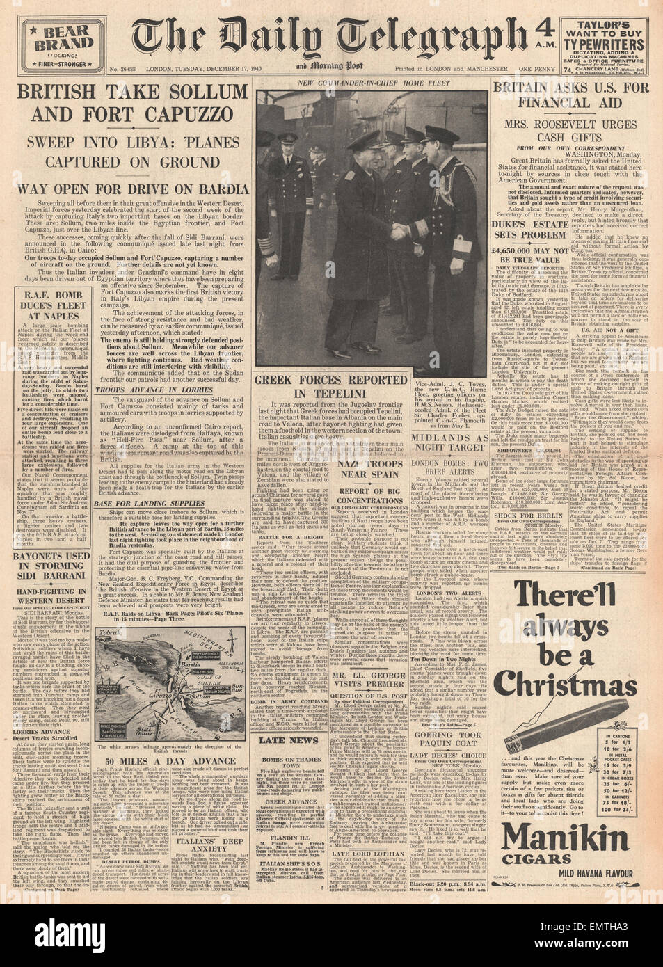 1940-Titelseite Daily Telegraph British Army erfassen Sollum Fort Capuzzo Kämpfe in Libyen Stockfoto