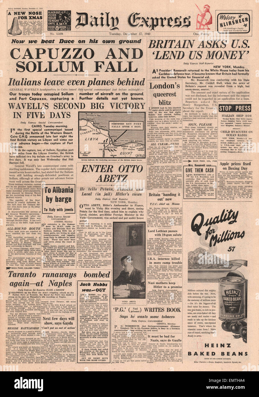 1940-Titelseite Daily Express British Army erfassen Sollum Fort Capuzzo Kämpfe in Libyen Stockfoto