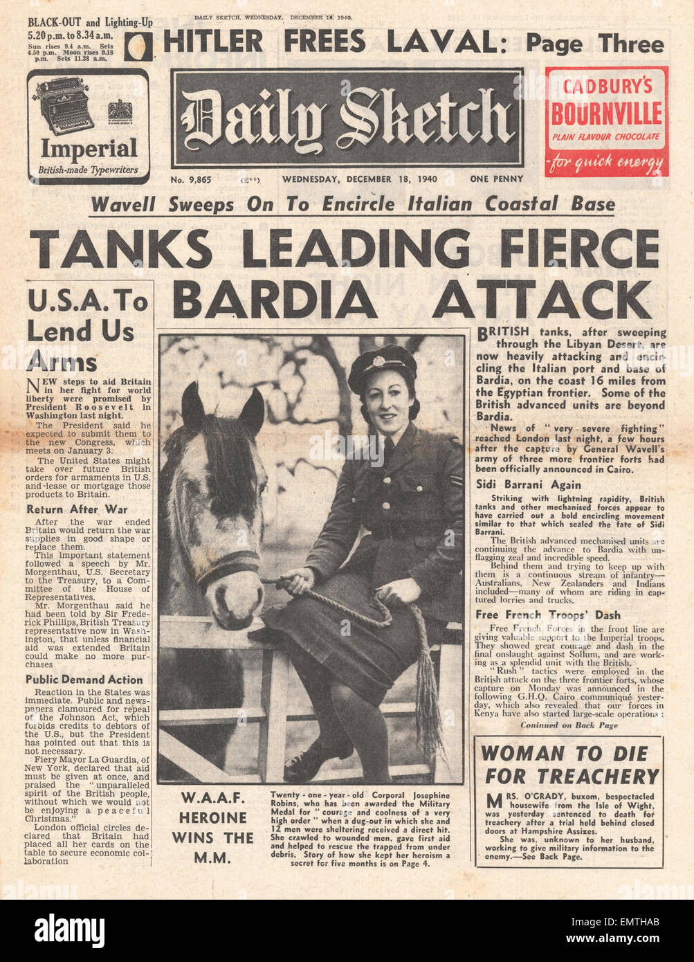 1940 Titelseite Daily Sketch britische Panzer führen Angriff auf italienischen Stützpunkt von Bardia Stockfoto