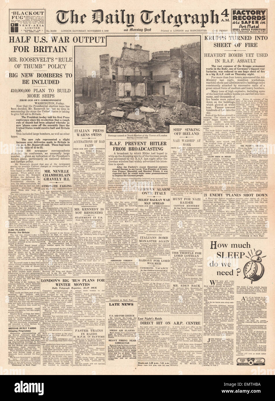 1940 Titelseite Daily Telegraph halbe US Krieg Ausgabe bestimmt für Großbritannien RAF Überfall Krupps Fabrik in Essen Stockfoto