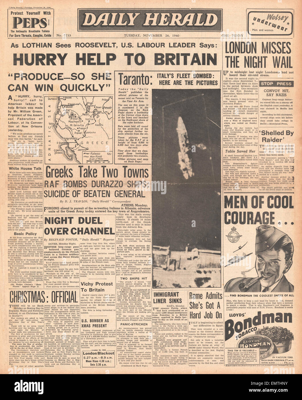 1940 liefert Titelseite Daily Herald Call, um Arme zu beschleunigen, Großbritannien Fleet Air Arm Angriff auf Tarent Stockfoto