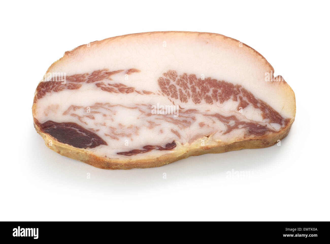 Guanciale, geheilt italienische Schweinefleisch Wange Salz Fleisch isoliert auf weißem Hintergrund Stockfoto