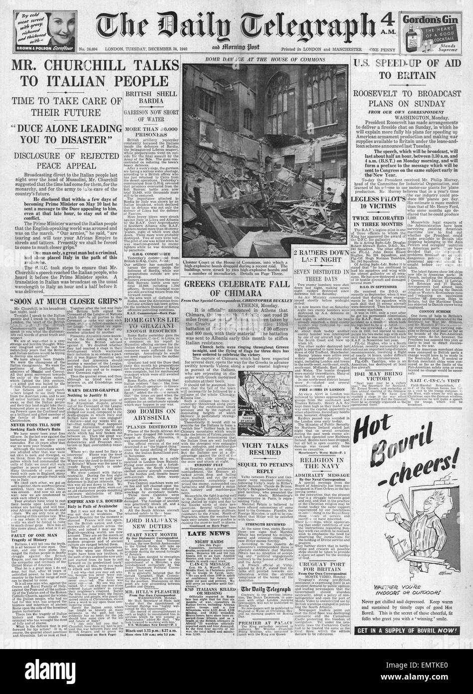 1940-Titelseite Daily Telegraph Churchill fordert Italien, Mussolini U.S. um Hilfe nach Großbritannien zu beschleunigen zu verdrängen Stockfoto