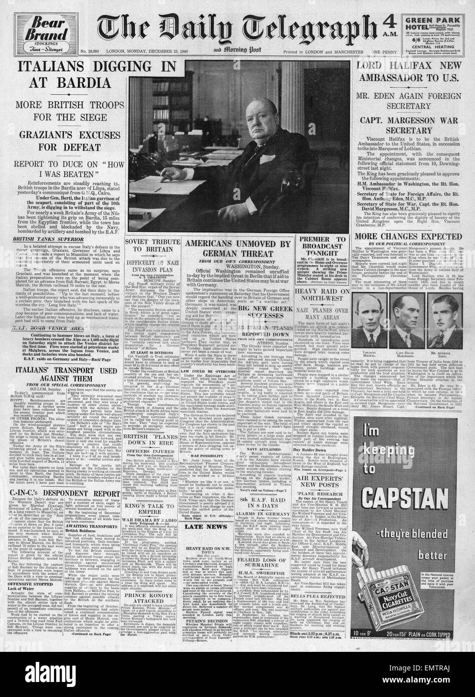 1940-Titelseite Daily Telegraph Schrankumgruppierung, britische Kräfte bereit, Bardia Hitler droht U.S. für die Unterstützung der Stockfoto