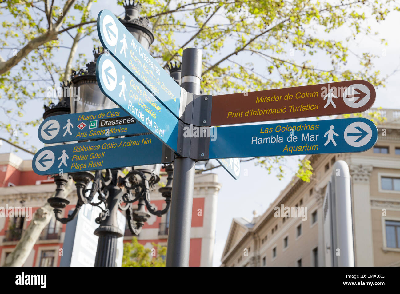 Tourismus-Wegweiser auf der La Rambla, Barcelona, Katalonien, Spanien Stockfoto