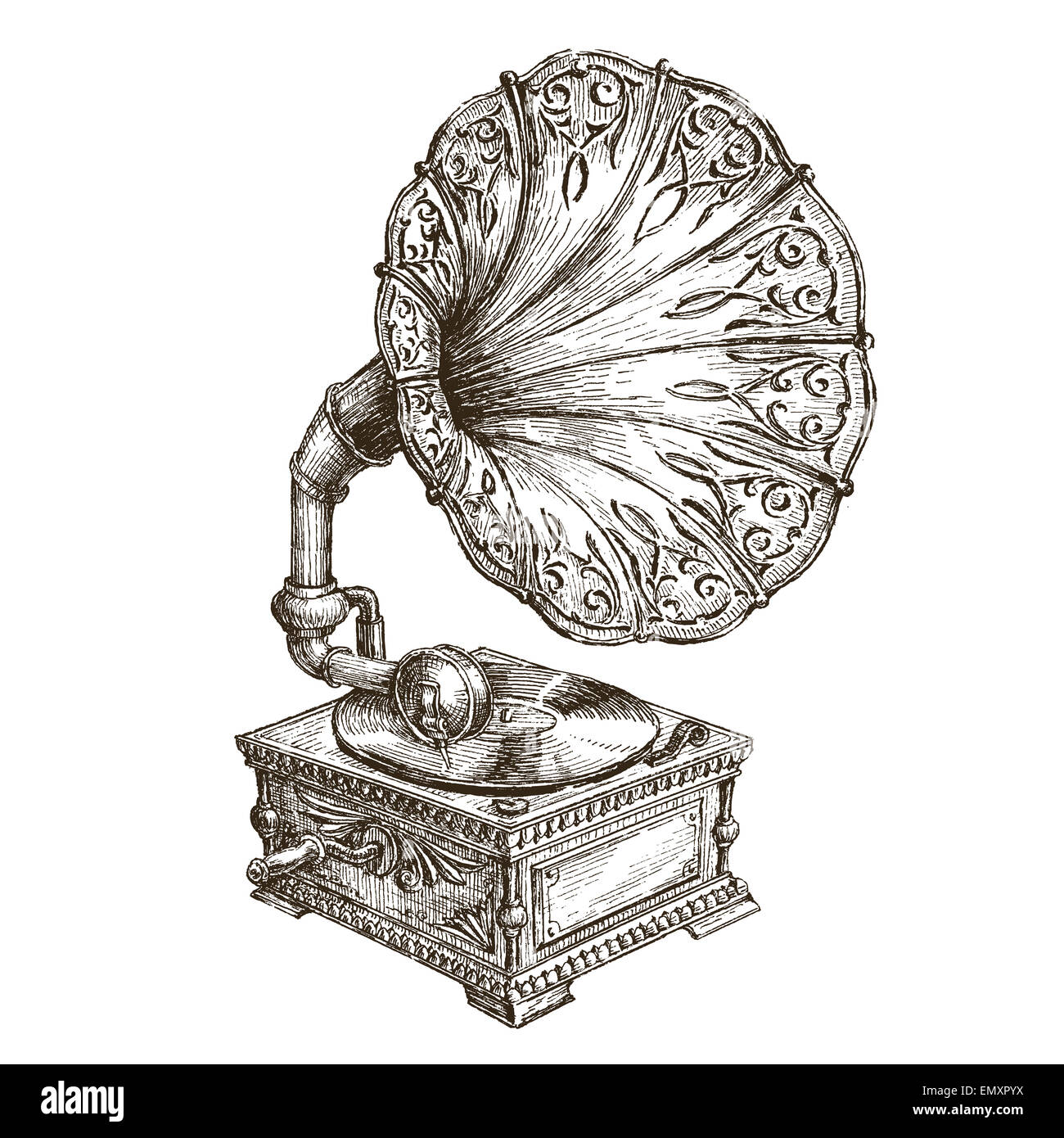 Grammophon-Vektor-Logo-Design-Vorlage. Musik oder Vinyl, Nostalgie Aufnahmesymbol. Stockfoto
