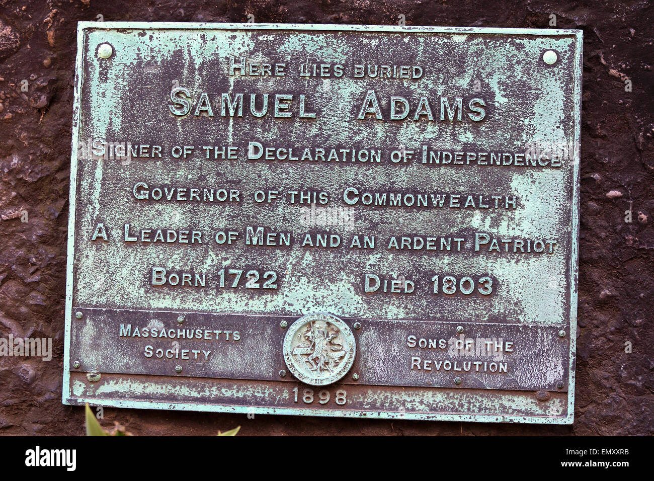 Samuel Adams Grabstein Marker, Sam Adams. Boston Massachusetts Freedom Trail Wahrzeichen. Stockfoto