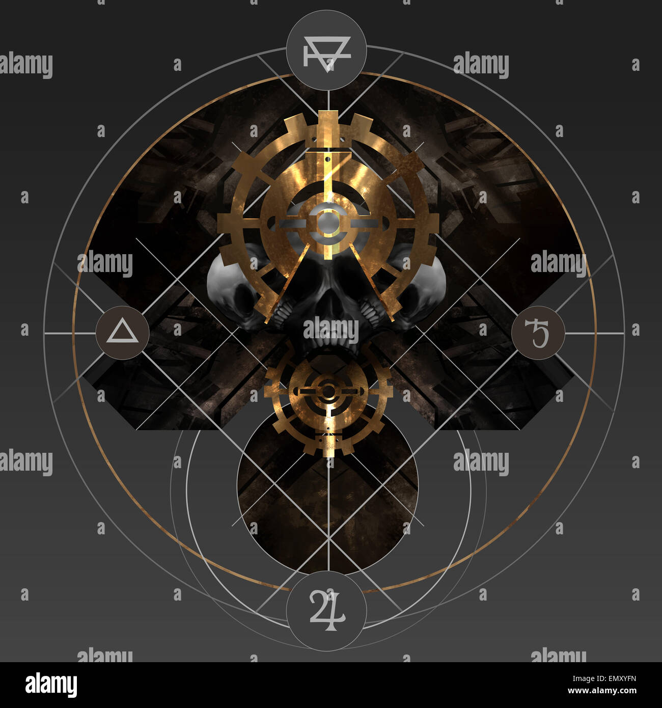Alchemie-Gold. Goldene abstrakte Alchemie Pentagramm mit Totenkopf und alten Zeichen Zeichen. Stockfoto