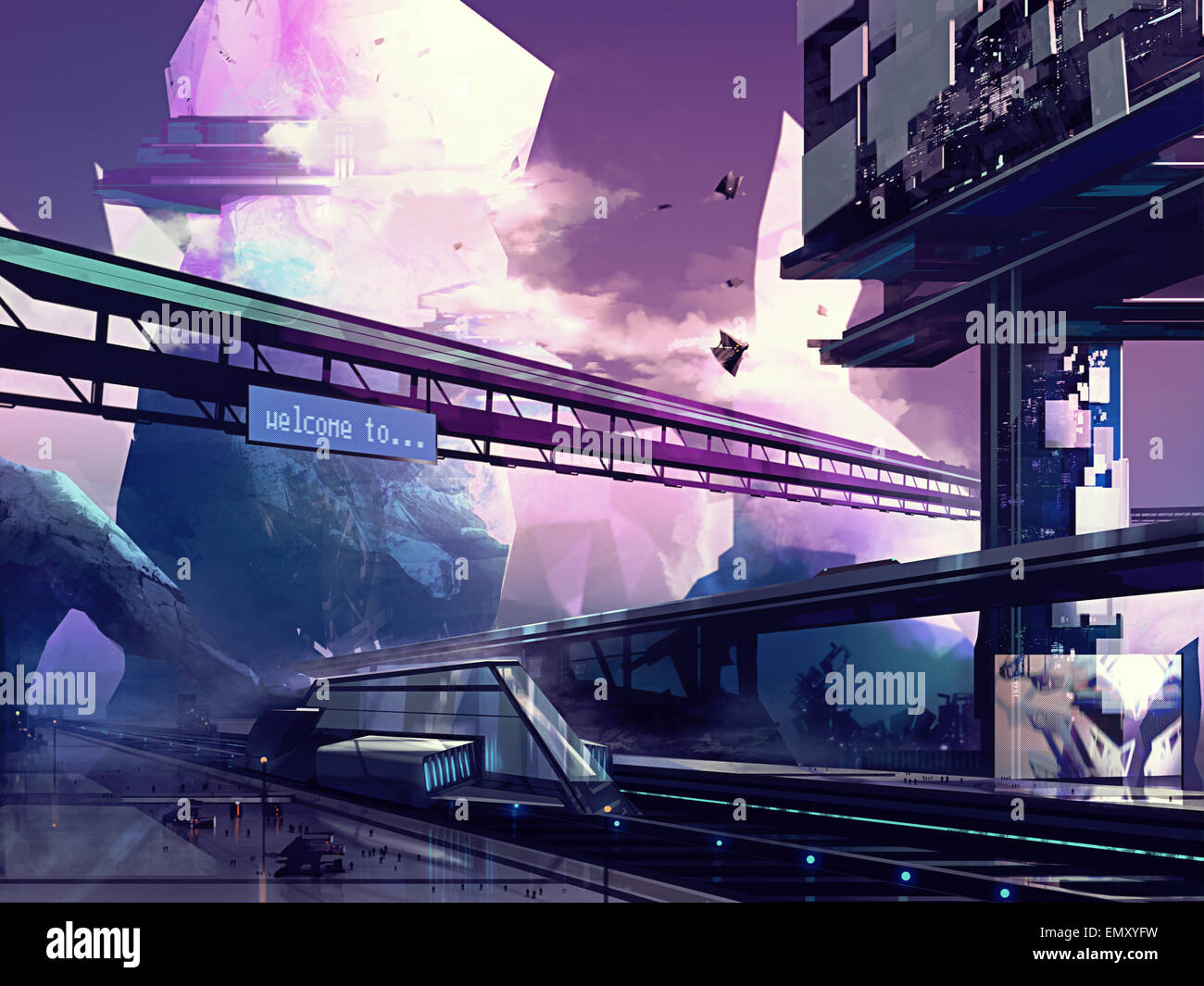 Futuristische Stadt Abstrakter Gezeichnete Futuristischen Scifi Fantasy Stadtbild Und Station Mit Hugeln Kunst Illustration Stockfotografie Alamy
