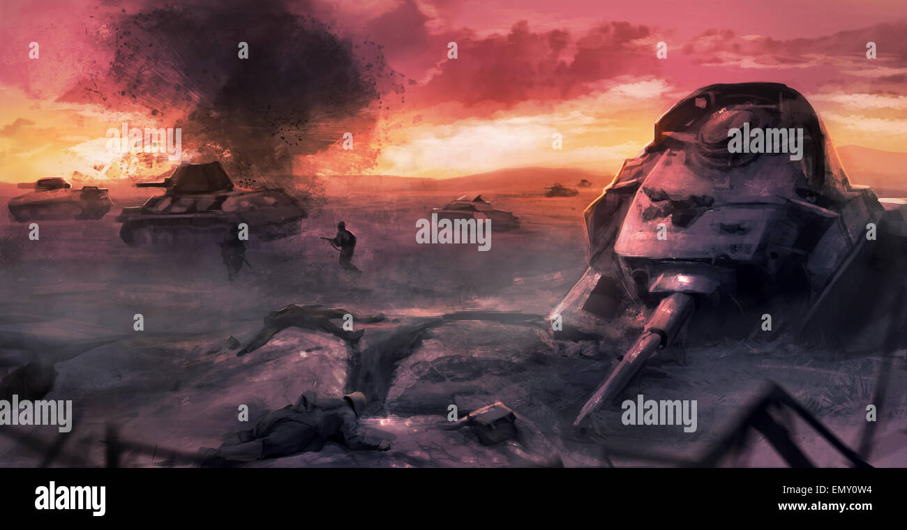 Tank Krieg-Kampf-Szene. 2. Weltkrieg Panzer Schlachtszene auf einem Feld mit toten Soldaten und Zerstörung Illustration. Stockfoto