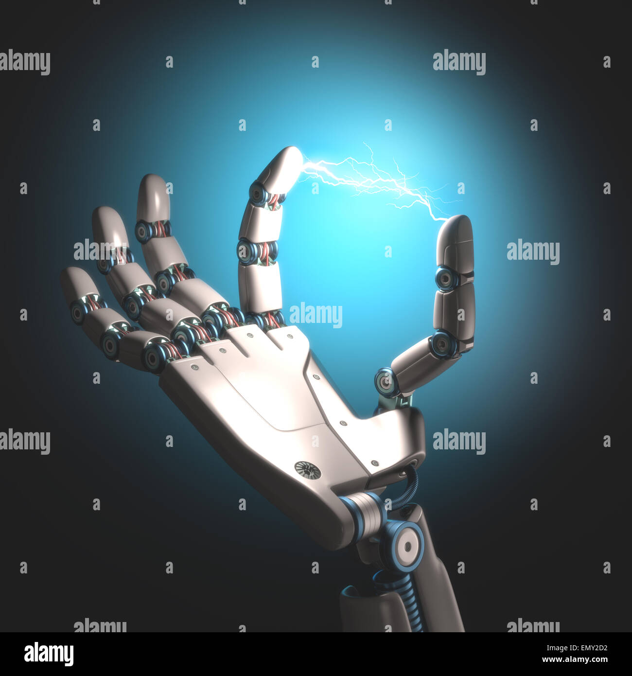 Roboterhand mit Strom zwischen den Zehen. Stockfoto