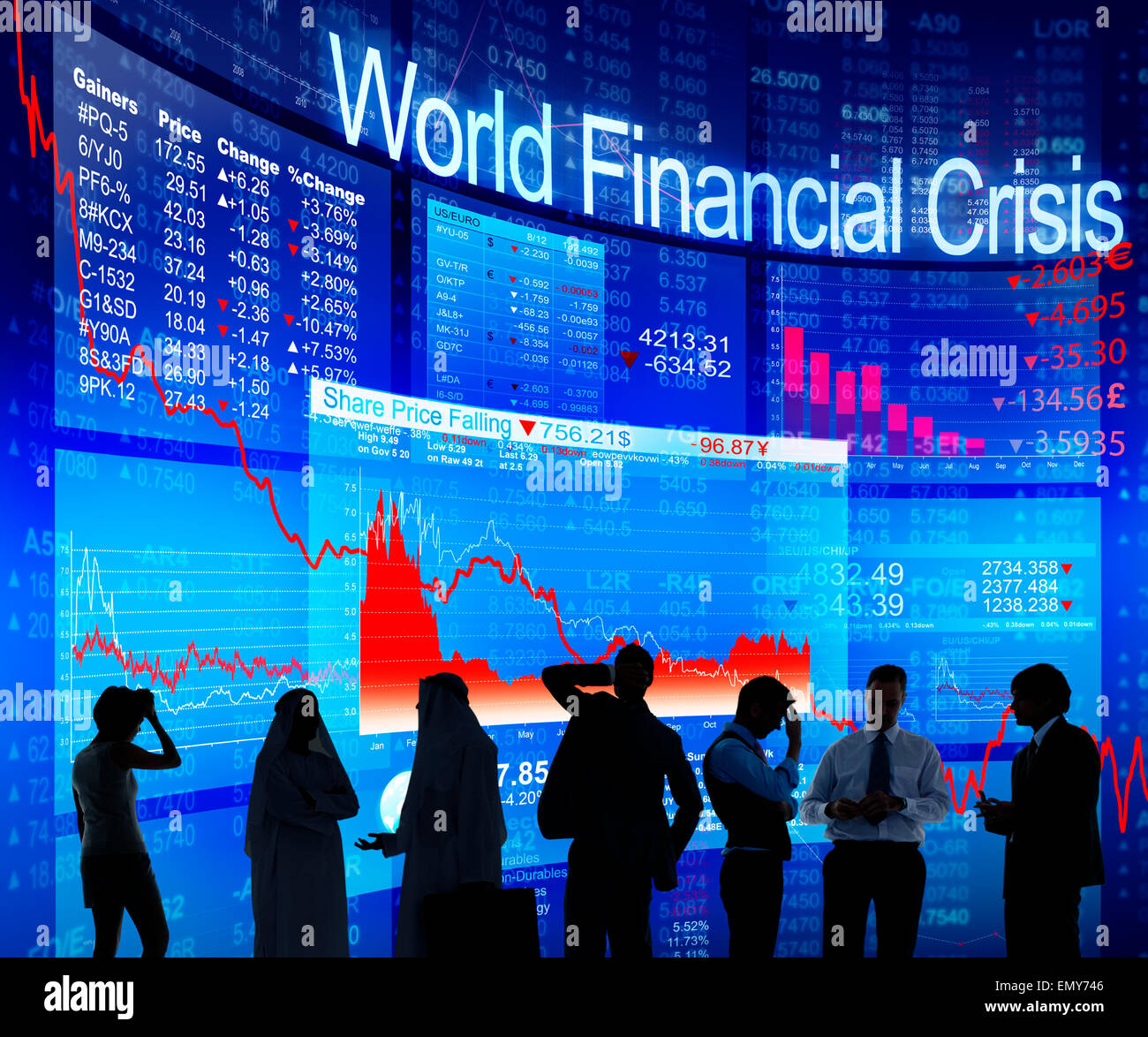 Business-Leute diskutieren über weltweite Finanzkrise Stockfoto