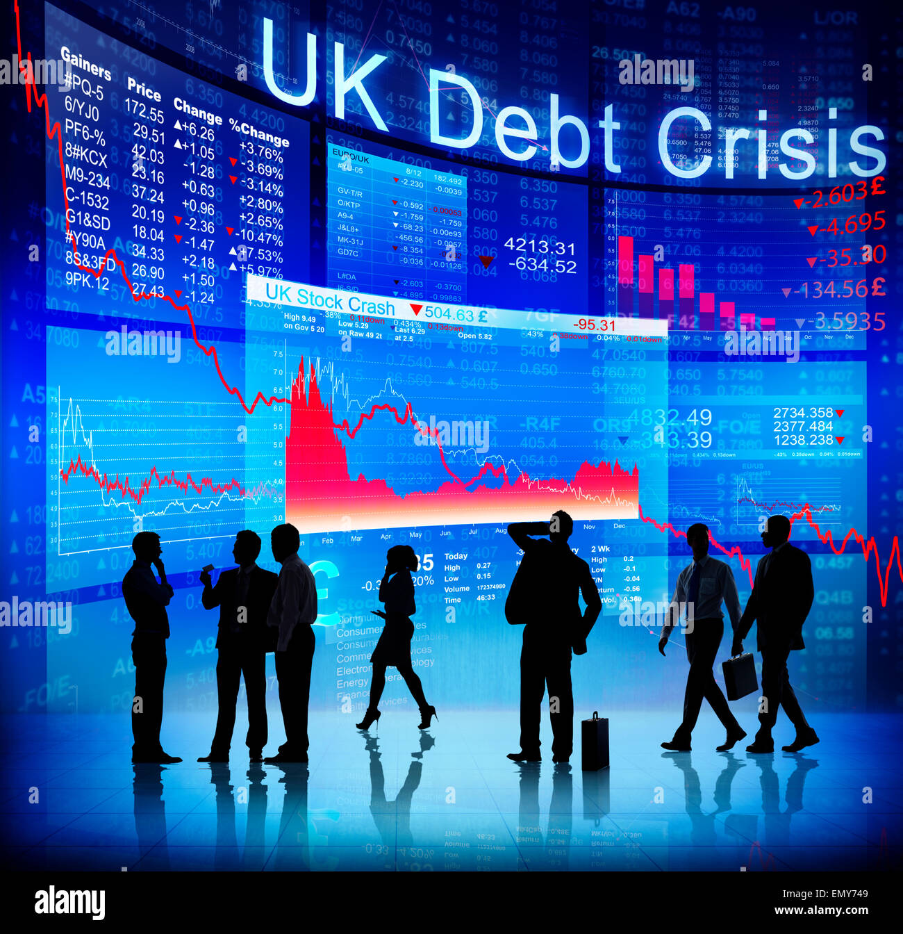 Silhouette von Geschäftsleuten und britische Schulden Krisenkonzept Stockfoto