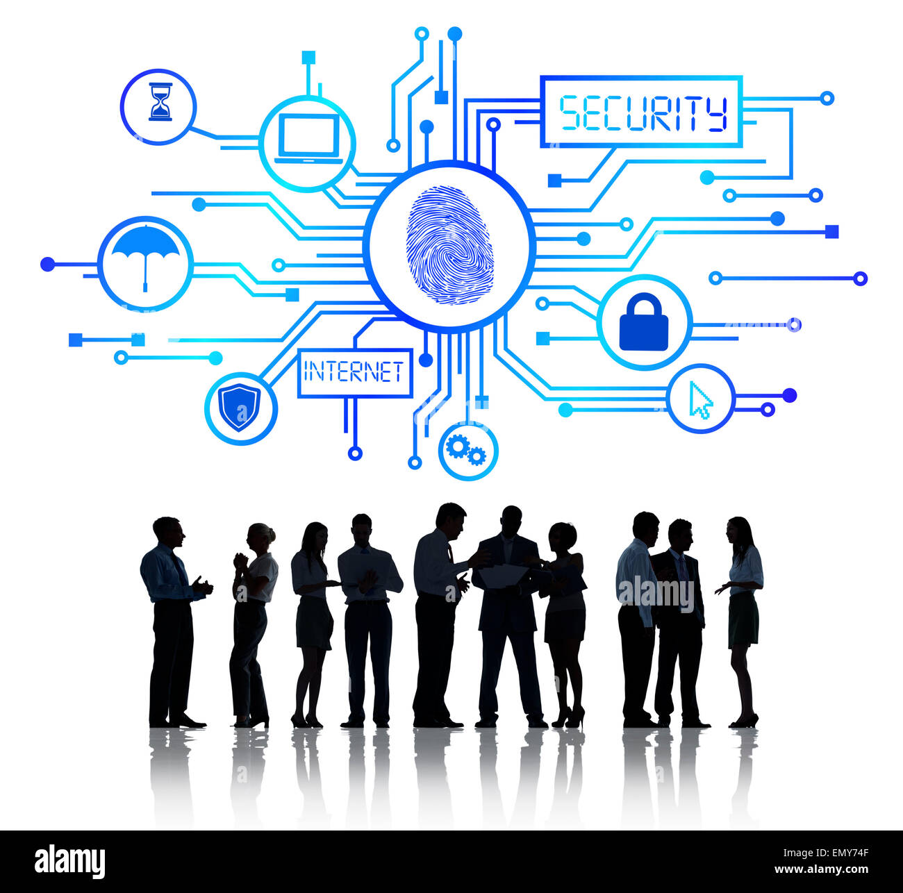 Sillhouettes des Geschäfts Menschen Arbeits- und Netzwerk-Security-Konzept Stockfoto