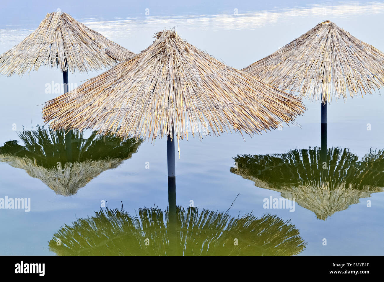 Reed Sonnenschirme überflutet nach starke Regenfällen mit klimatischen Veränderungen verbunden Stockfoto