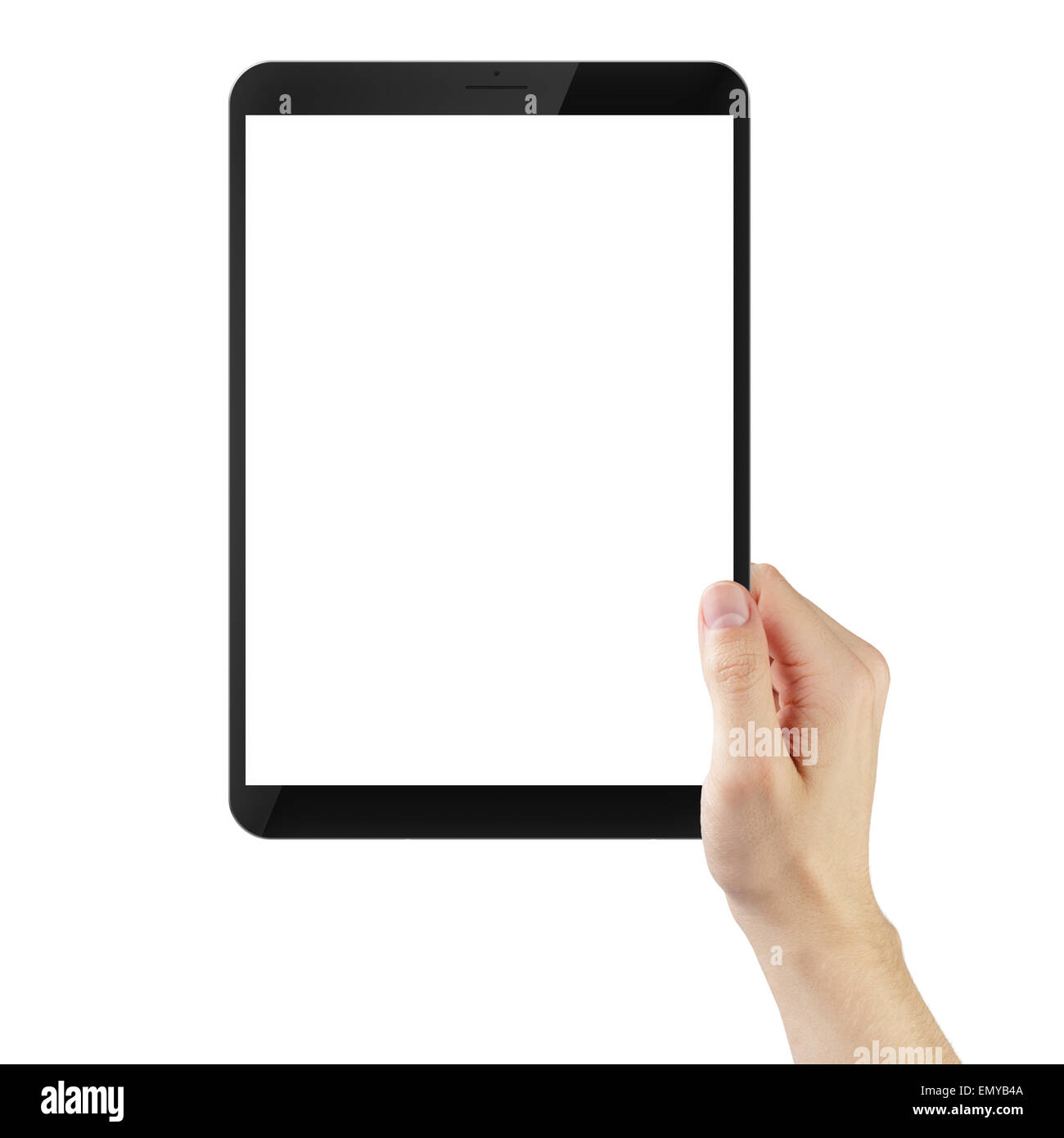erwachsener Mann Hand mit generischen Tablet-pc mit weißen Bildschirm, isoliert Stockfoto