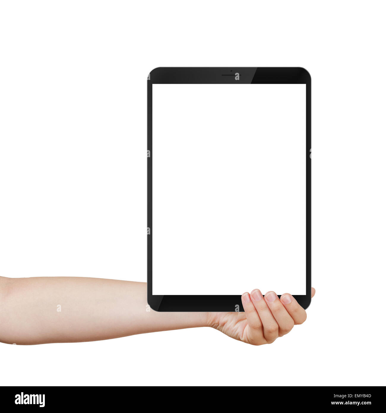 Weibliche Teenager Hand, die generische Tablet-pc mit weißen Bildschirm, isoliert Stockfoto