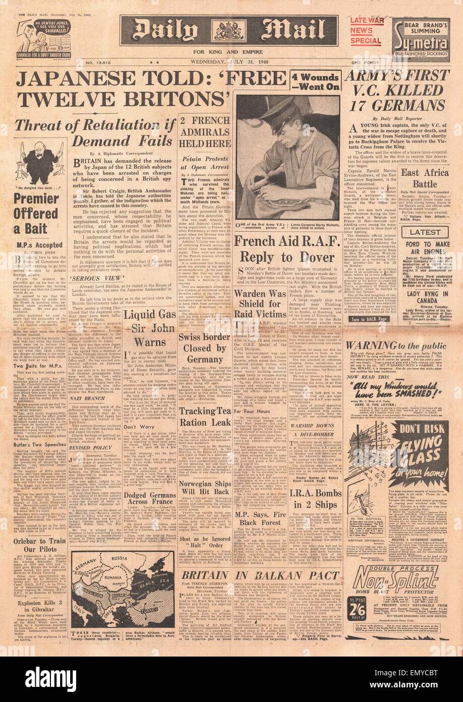 1940 Gebühren Titelseite Daily Mail, die britische Regierung Ansprüche Japan Release zwölf Briten auf Spionage verhaftet 1. Armee Stockfoto