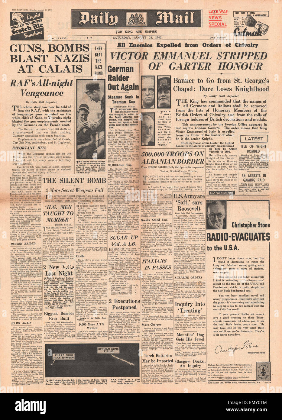 1940-Titelseite Daily Mail Guns RAF Bombe Calais italienischen König Victor Emmanuel Benito Mussolini abgestreift abgestreift Stockfoto