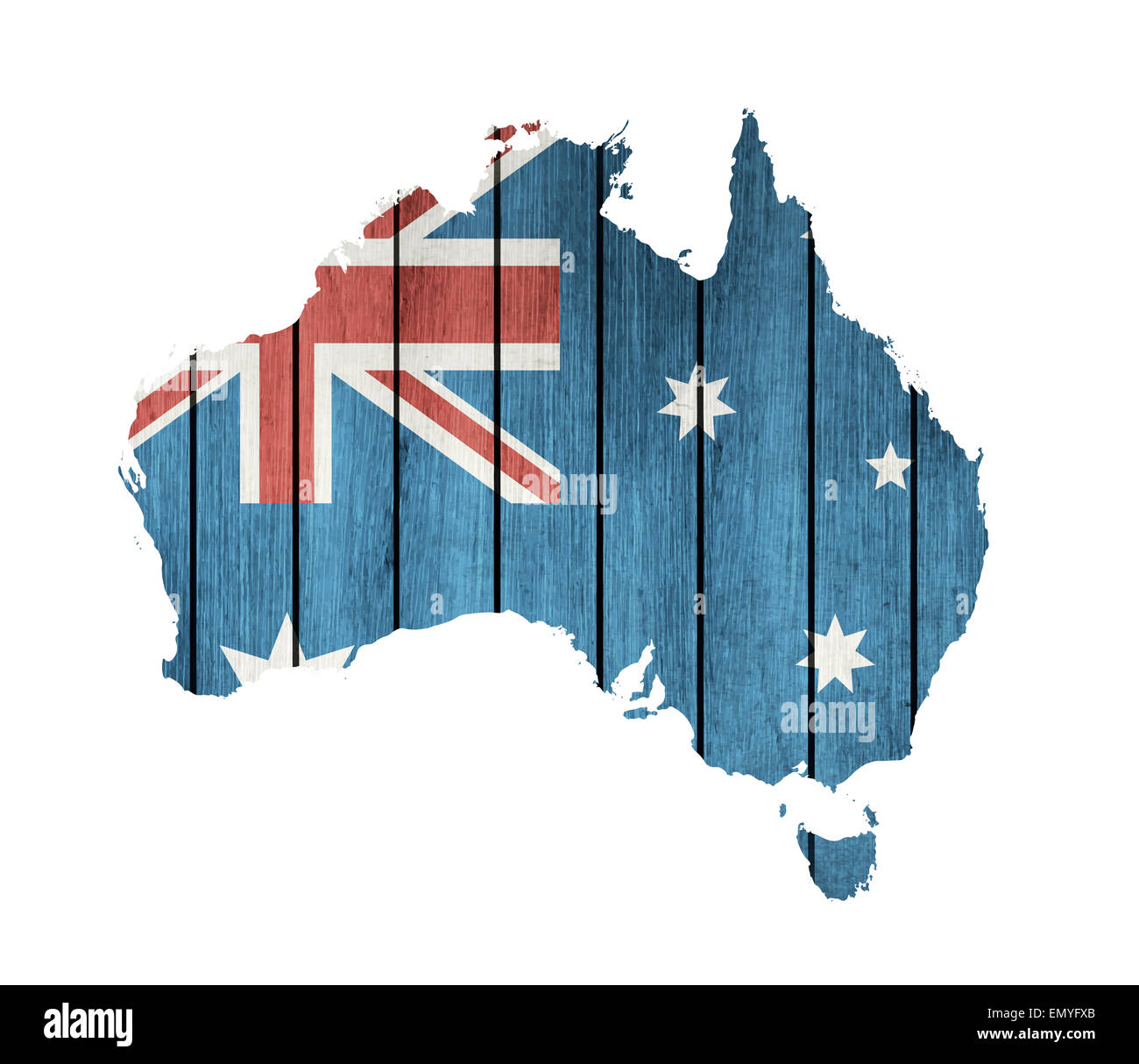 Australische Karte mit hölzernen Flagge auf einem weißen Hintergrund Stockfoto