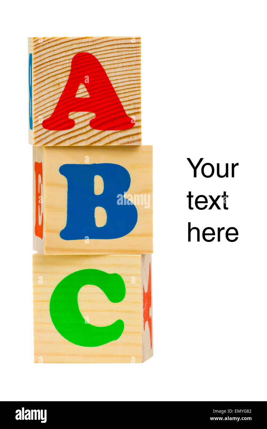 Hölzerne Alphabet Blöcke isoliert auf weißem Hintergrund mit Kopie-sp Stockfoto