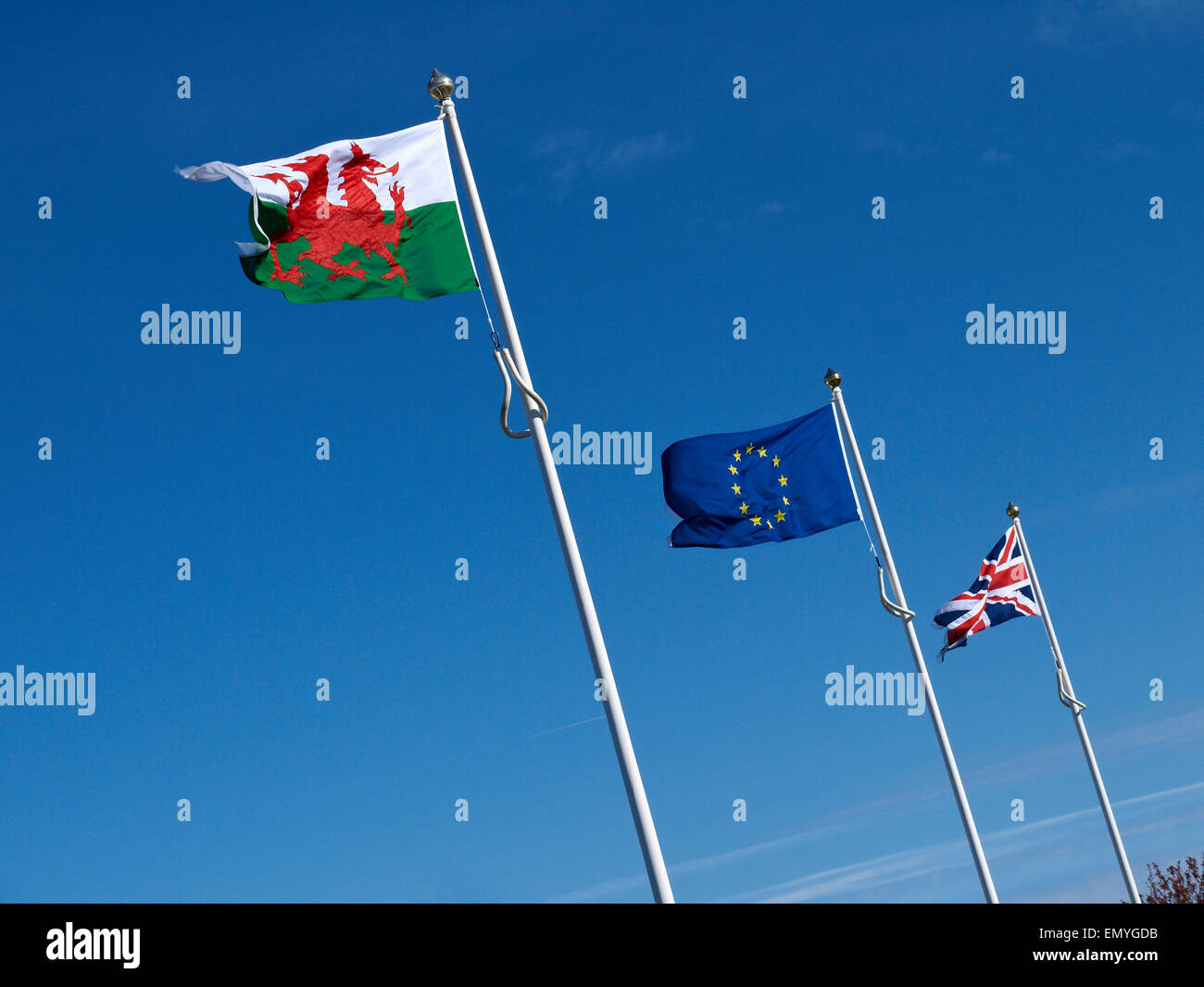Englisch, Welsch und Europäische Flaggen Stockfoto