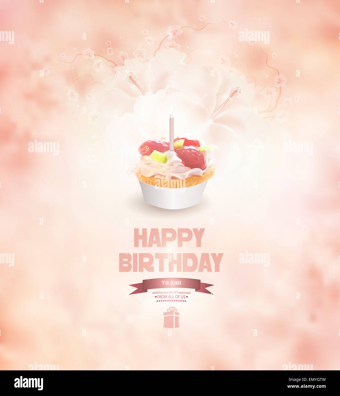 Happy Birthday Hintergrund mit Kuchen, Blumen und Titel Inschrift Stockfoto