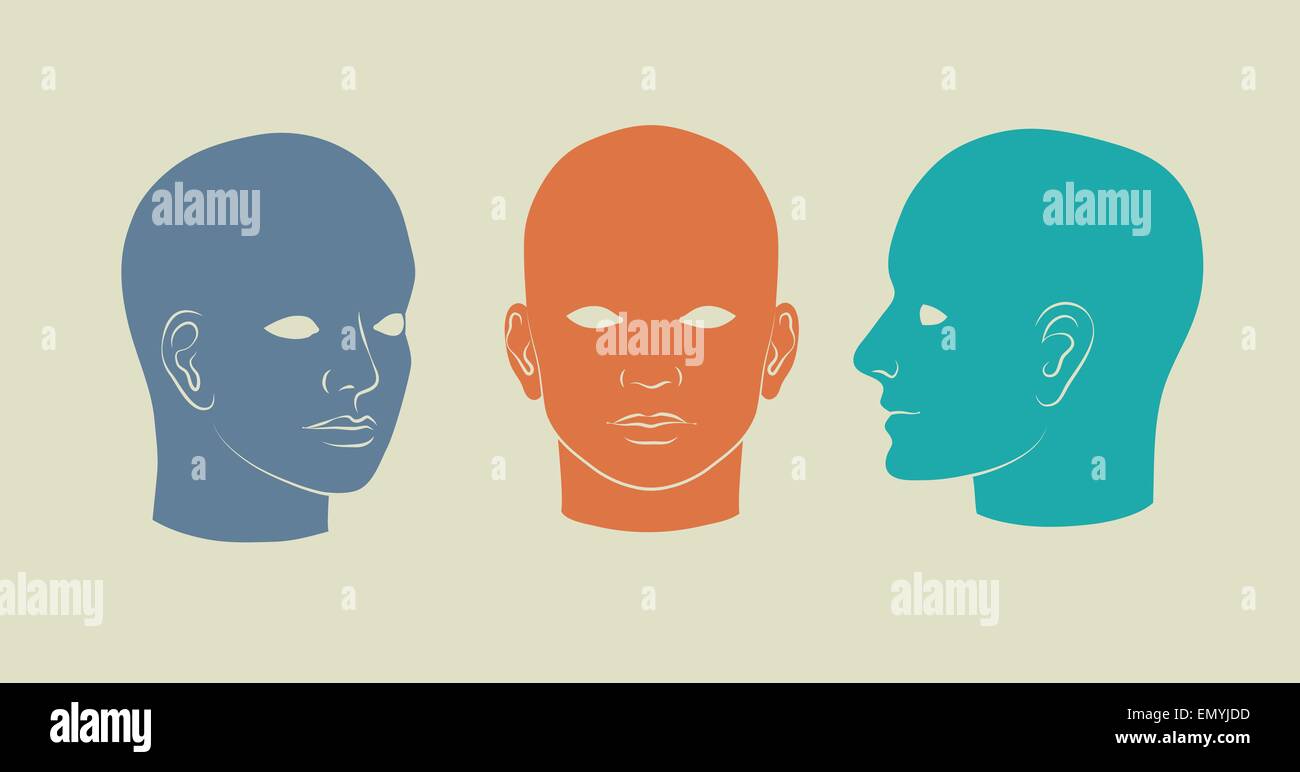 Menschenköpfen Integralhelm, halbe Gesicht und Dreiviertel. Vektor-Silhouette-illustration Stock Vektor