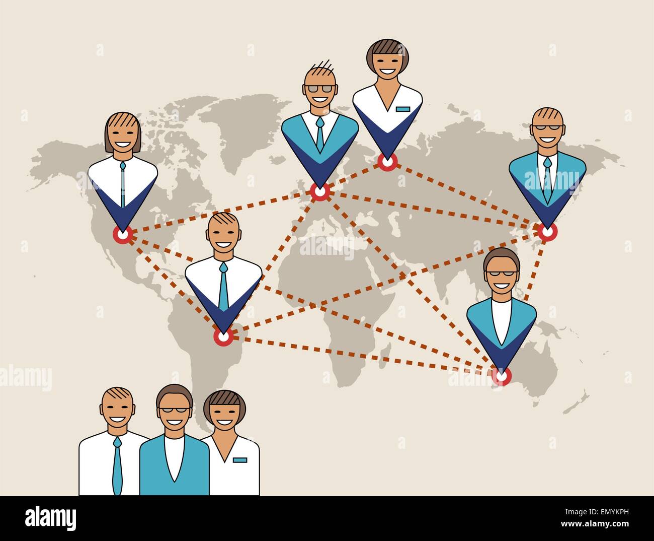 Business-Konzept. Illustration von Management, remote-Service und Teamarbeit. Das Kartenbild ist abgeleitet aus den Materialien der Vereinten Nationen Stock Vektor