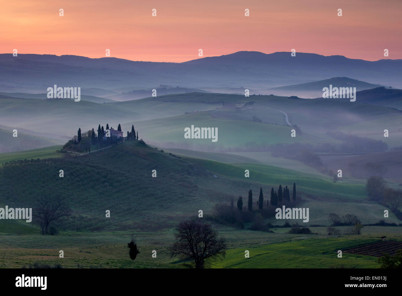 Podere Belvedere und toskanische Landschaft in der Morgendämmerung, San Quirico d'Orcia, Toskana, Italien Stockfoto