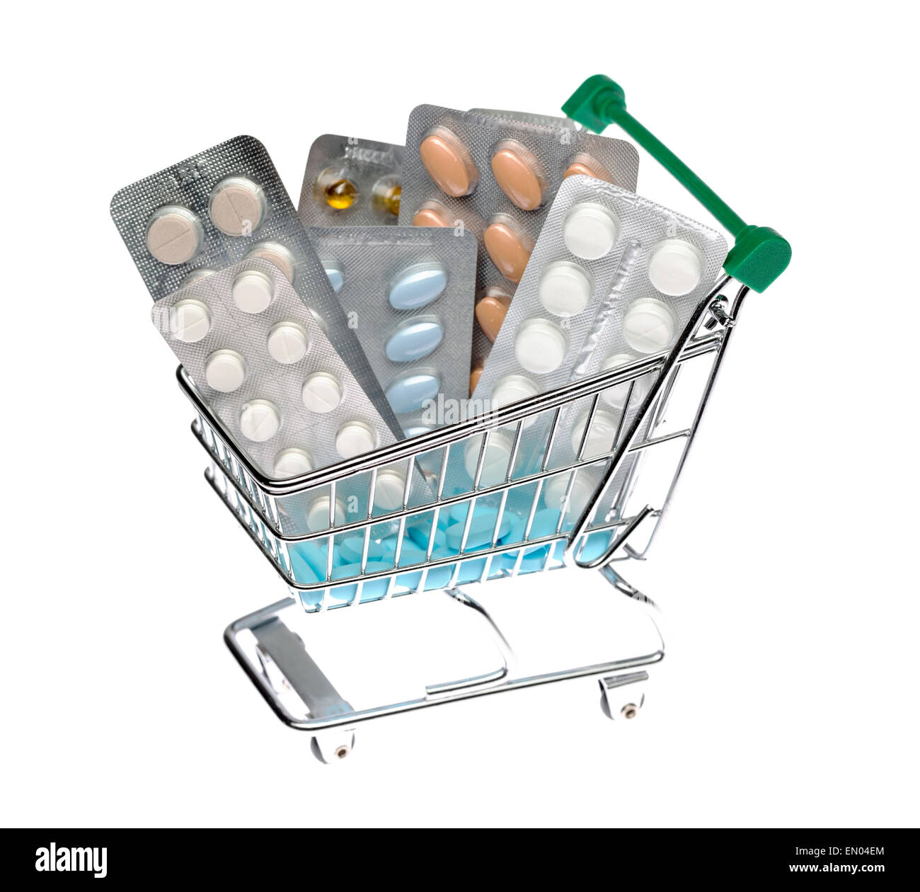 Warenkorb mit verschiedenen Pillen Blister Pack auf einem isolierten Hintergrund Stockfoto