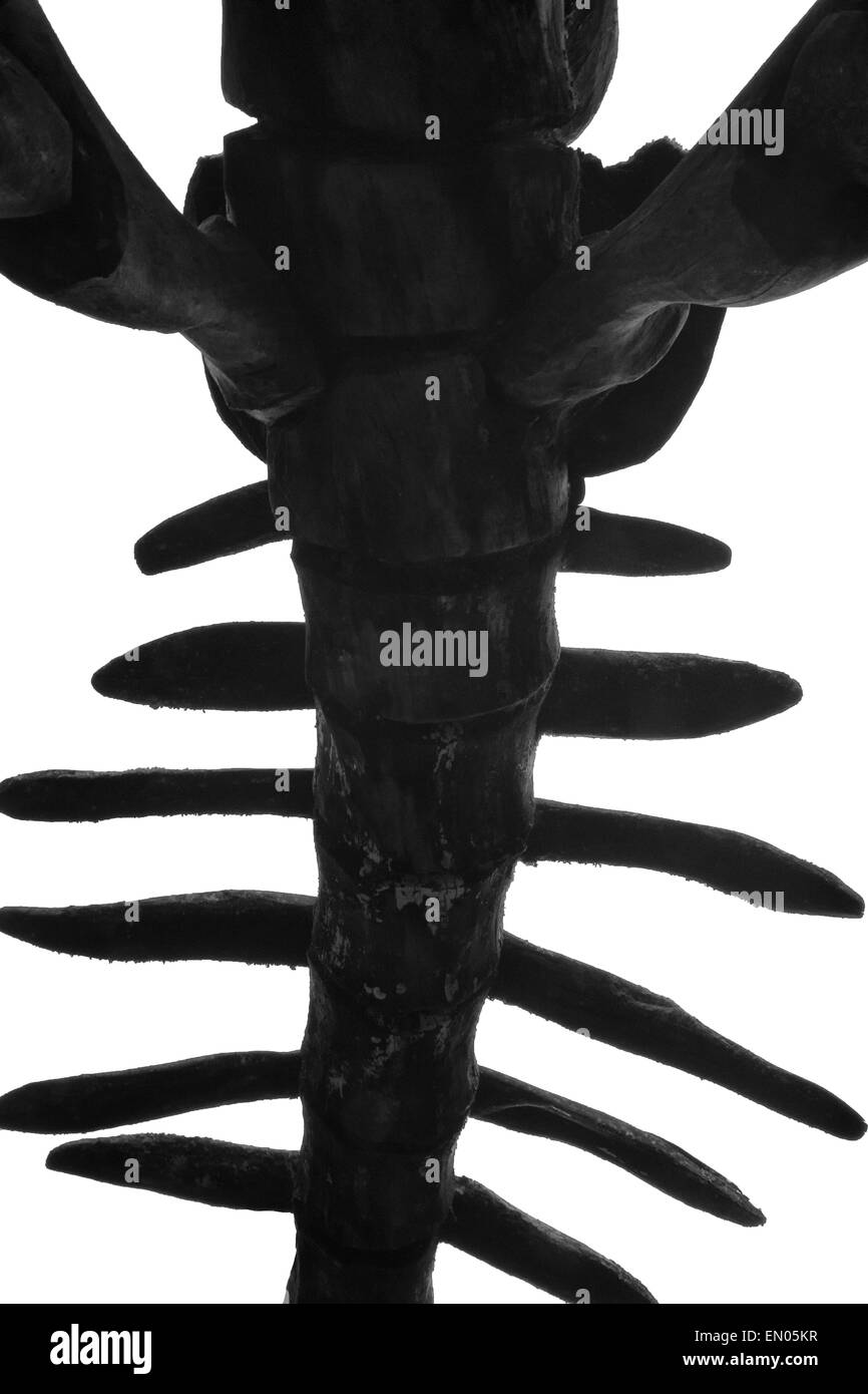 Als der Tag zu Ende der hölzernen Skelettstruktur geht geworden in der Dinosaurier-Park in Wookey Hole Höhlen mehr unheimliche. Stockfoto