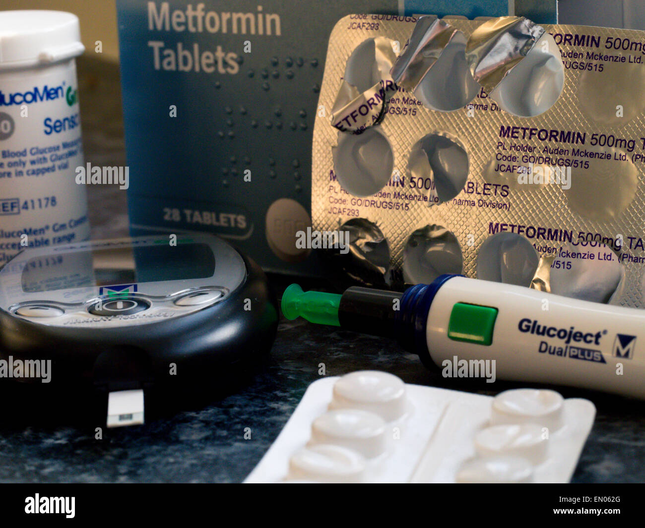 Verschiedenen Sortiment von Medikamenten und Behandlungen für Diabetes Stockfoto