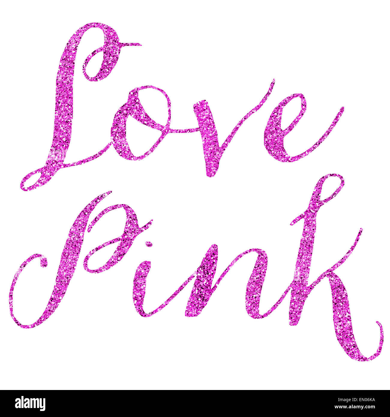 Glitzernde Liebe Pink Faux Folie Metallic inspirierend Zitat Isolated on White Background Stockfoto