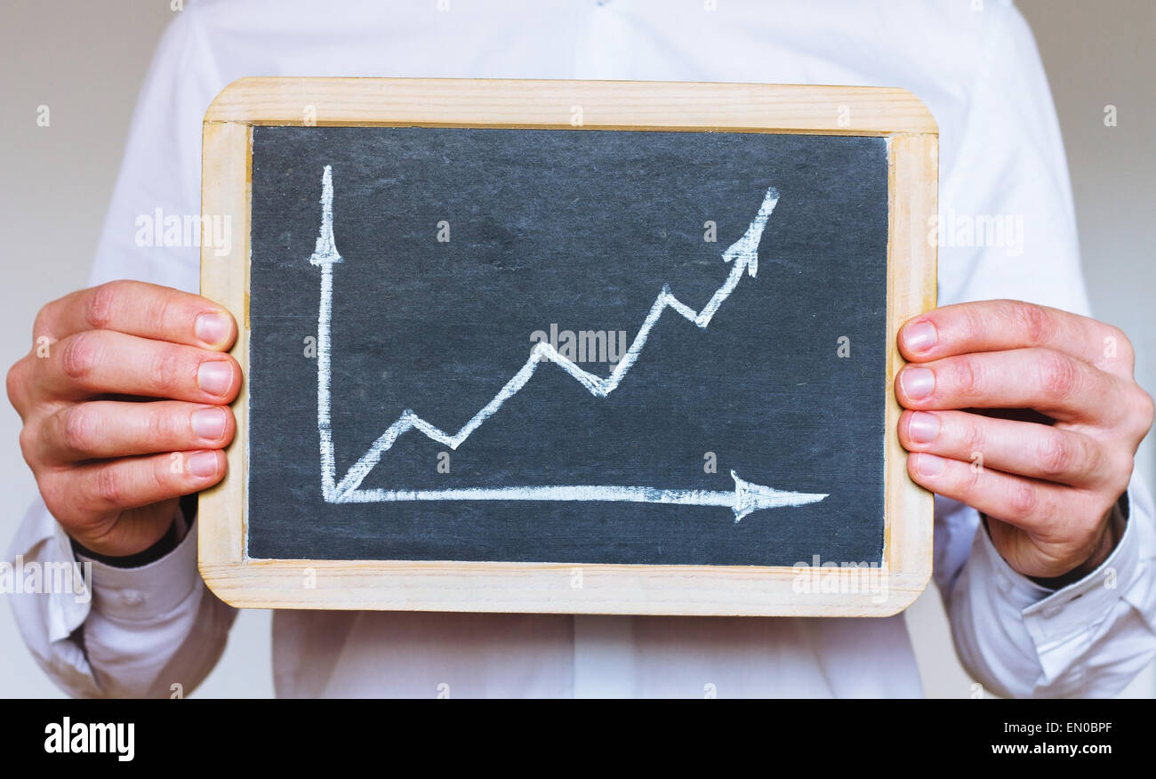 nachhaltige Entwicklung Infografiken, Business-Mann mit Schild an Tafel Stockfoto