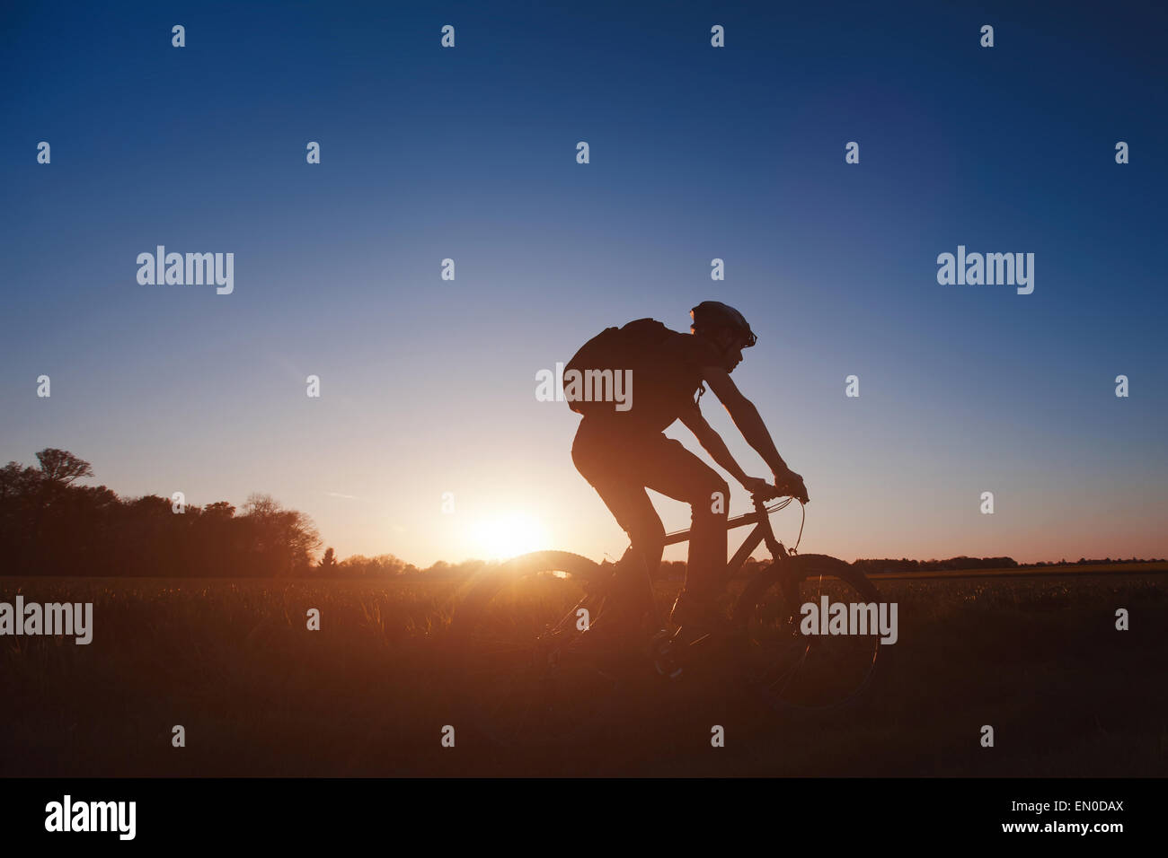 Silhouette der junge Mann auf dem Fahrrad bei Sonnenuntergang Stockfoto