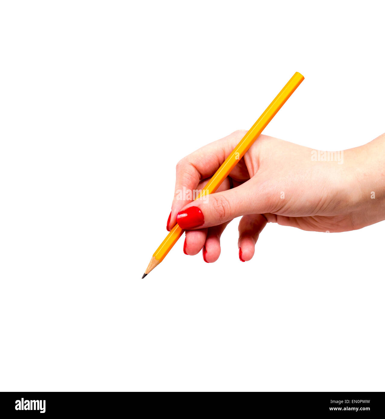 Weibliche Hand mit gelben Bleistift Stockfoto
