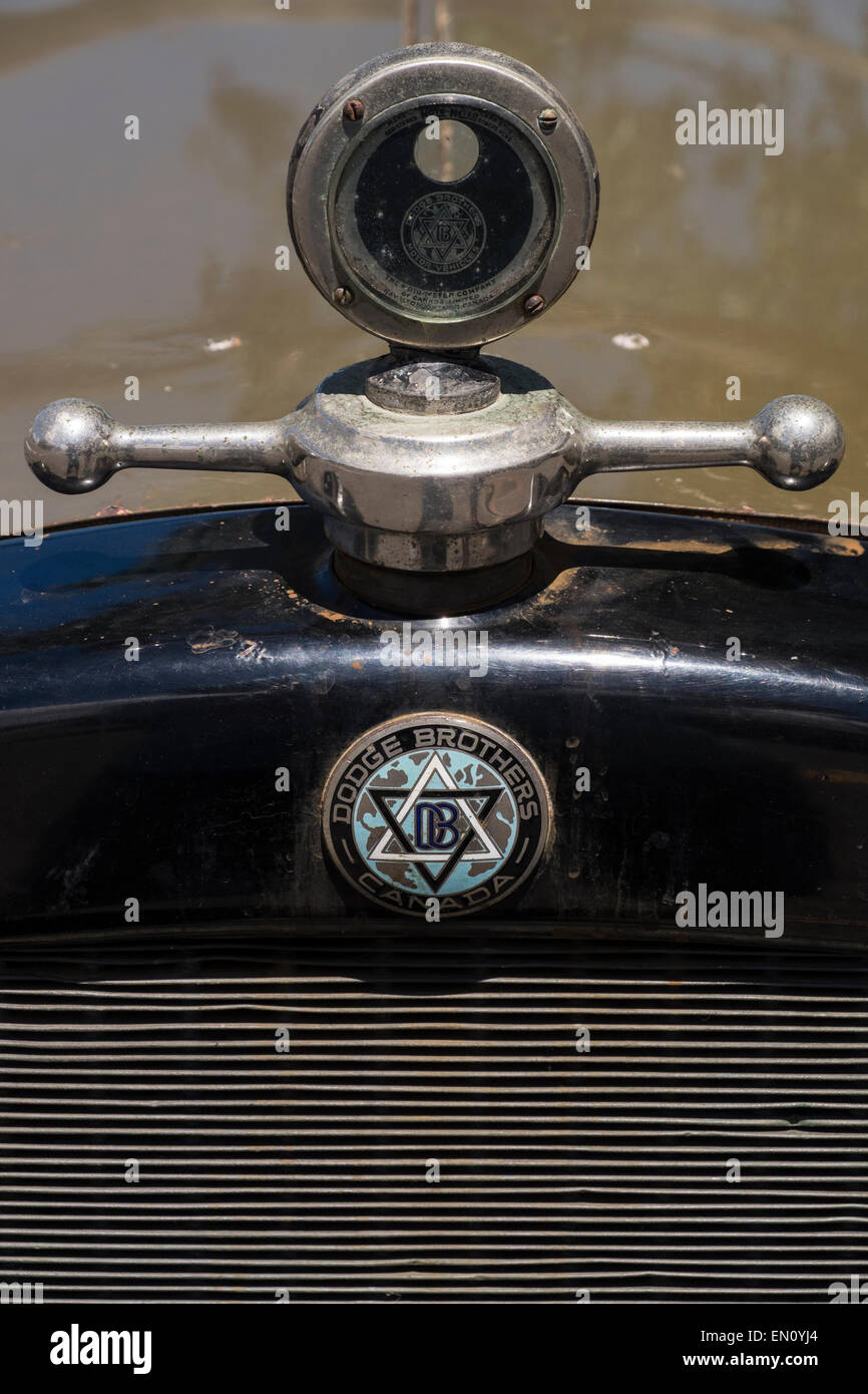 Detail der Moto Meter und Abzeichen der 1920er Jahre Dodge Brothers Auto, Martinborough, Neuseeland. Stockfoto