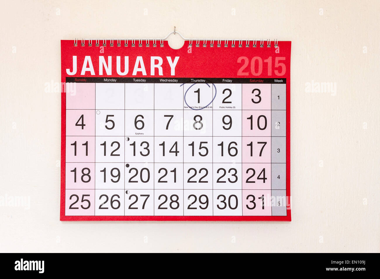 Wand-Monatskalender Januar 2015, umkreiste den Neujahrstag Stockfoto