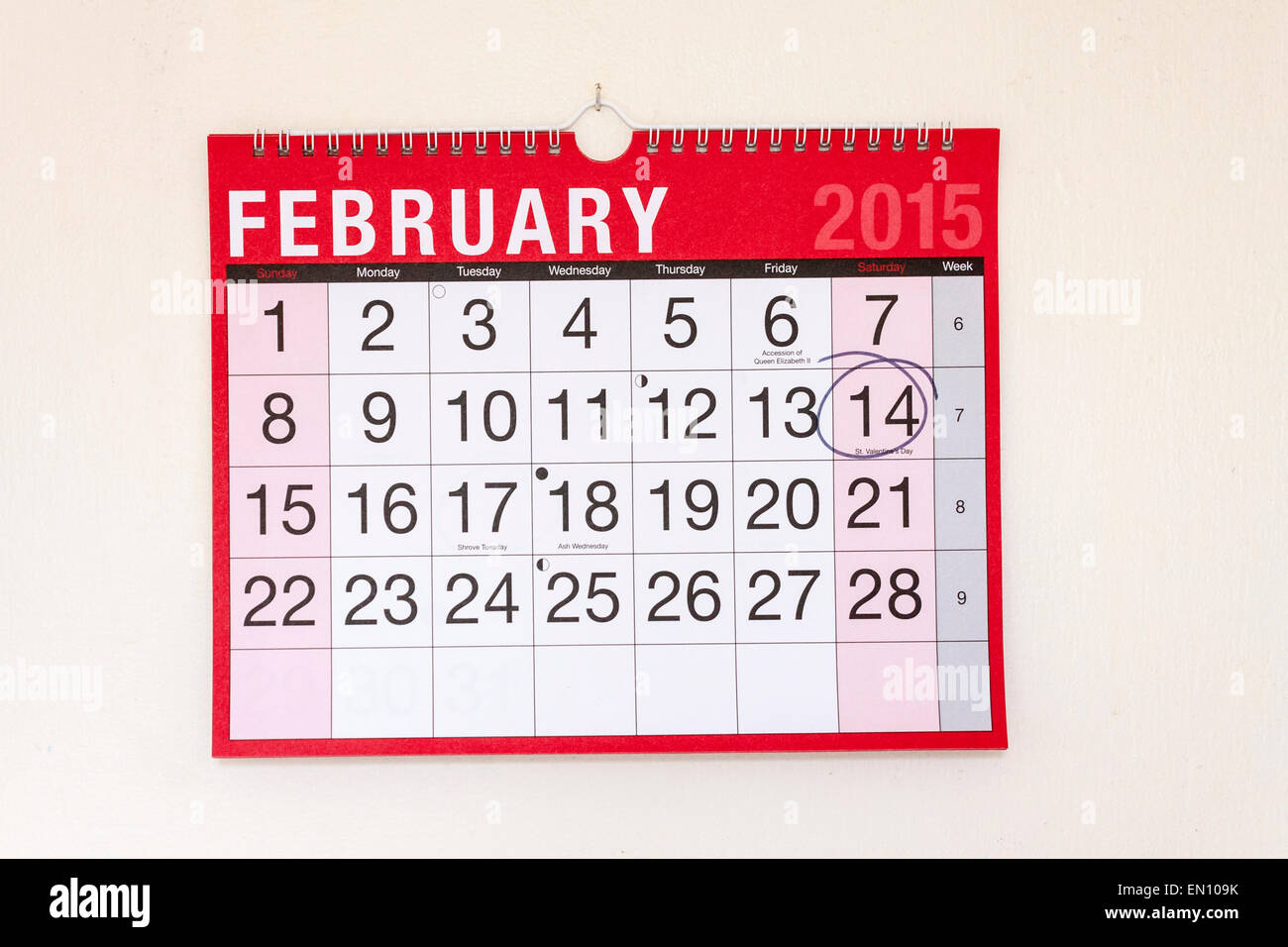 Wand-Monatskalender eingekreist Februar 2015, Valentinstag Stockfoto
