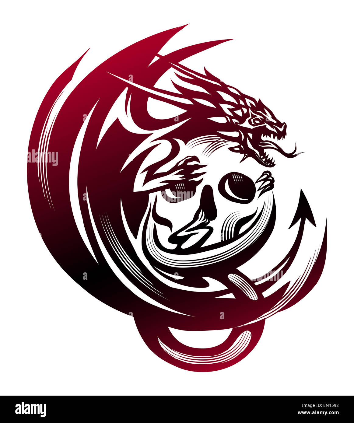 Drache sitzt auf einem Schädel Tattoo Stockfoto