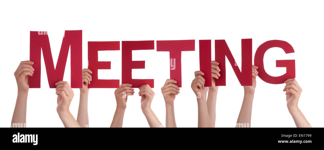 Viele kaukasische Menschen und Händen mit roten geraden Buchstaben oder Zeichen Gebäude der isolierten englische Wort Sitzung am weißen B Stockfoto