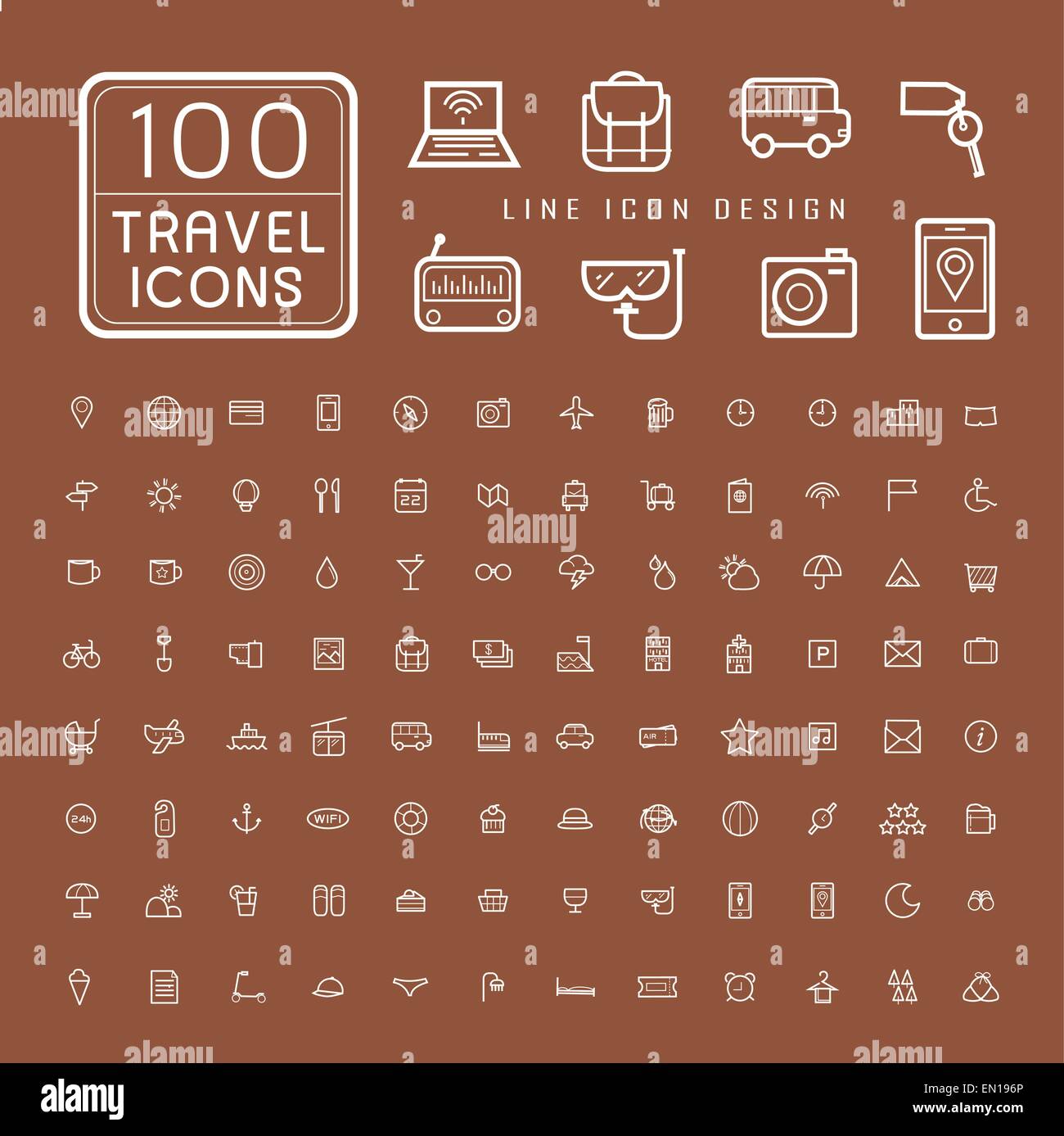 schöne 100 Reisen Symbole setzen auf braunem Hintergrund Stock Vektor