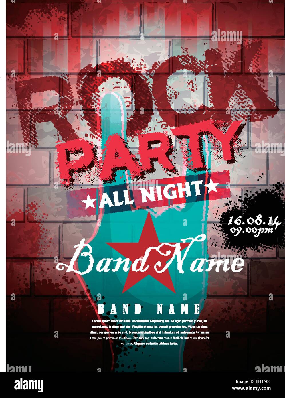 Rock party all Night Plakat Vorlage in Rot-Ton Stock Vektor