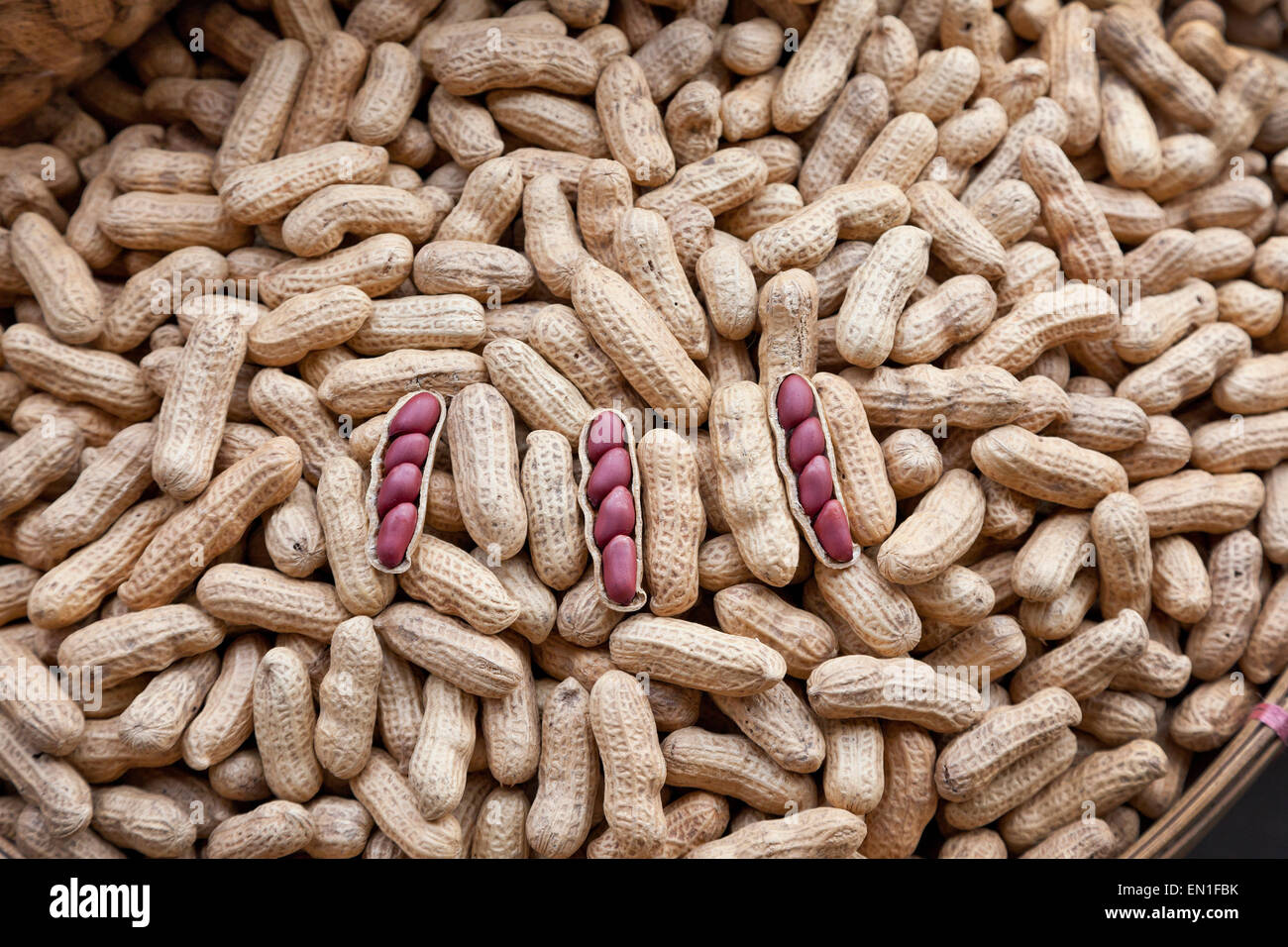 Erdnüsse oder Erdnuss (Arachis Hypogaea, Schalen und Kerne Stockfoto