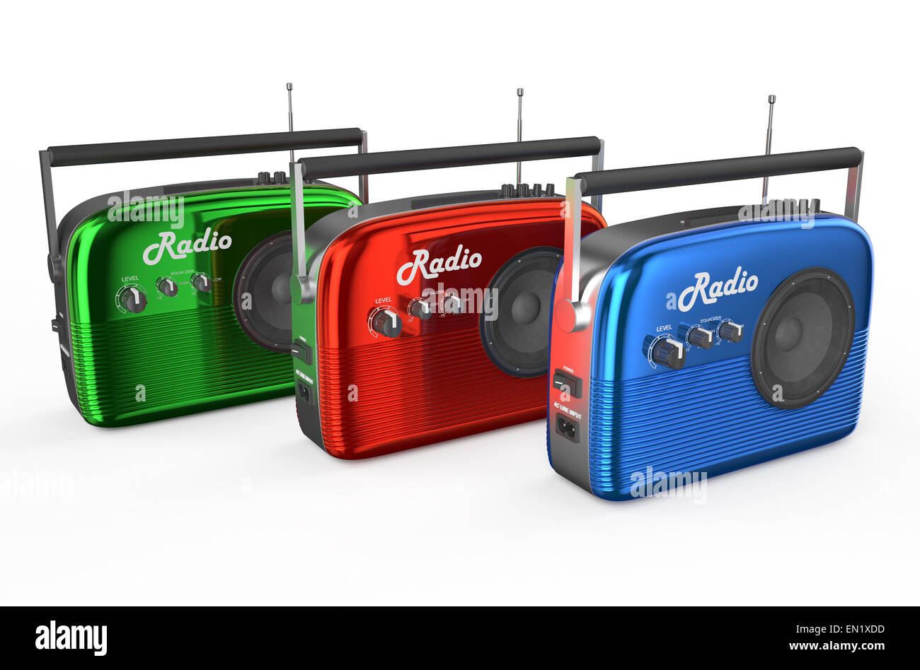 drei farbige Radio isoliert auf weißem Hintergrund Stockfoto